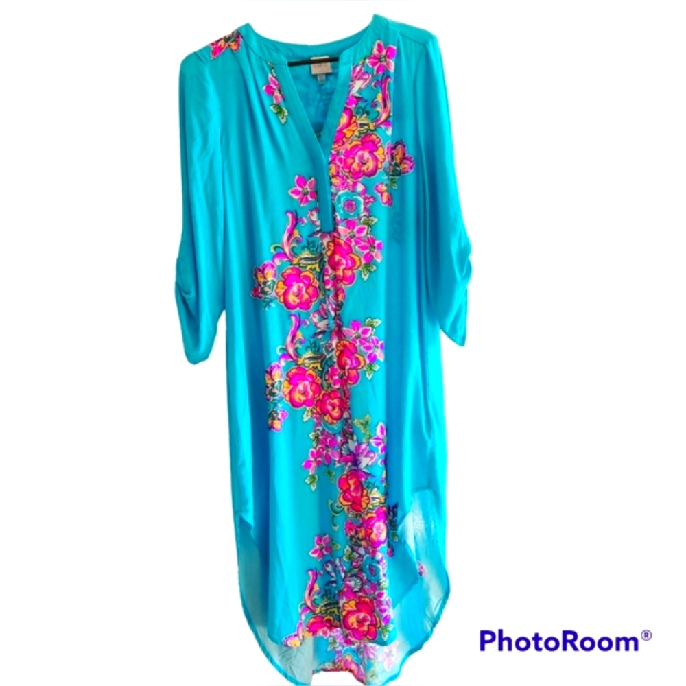 Tropical Floral Dress or Swim Coverup Hi-Low Hem Size M